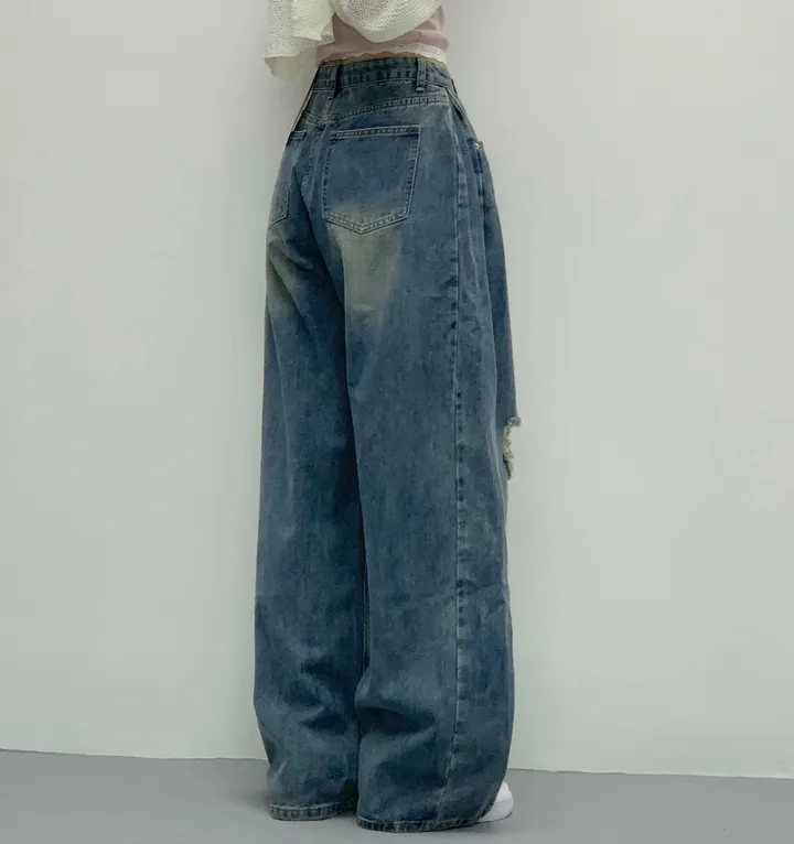 당일🚀[숏,롱/~XL/찐인생바지] 슬릿 찢청 폴딩 빈티지워싱 벌룬핏 옆핀턱 와이드팬츠 무릎트임 데님 청바지 기장선택 빅사이즈까지 오버핏팬츠 여름청바지 상세 이미지 26