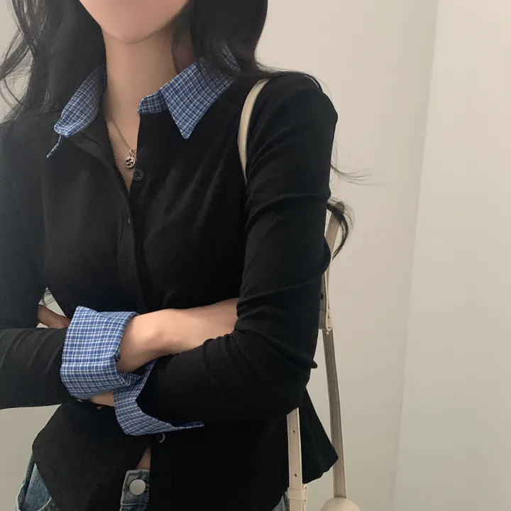 [일체형!/말라핏] 레이디 체크 셔링 레이어드 롱슬리브 버튼 긴팔티셔츠 - 4color 상세 이미지 17