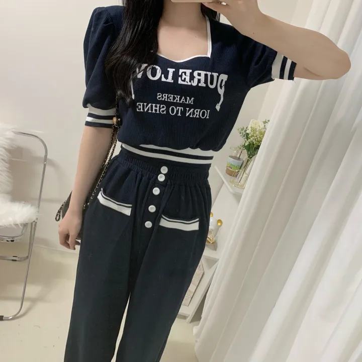 🚀당일발송🚀[세트가격/핏예술-!] 페니 배색 스퀘어넥 레터링 퍼프 시보리 반팔 + 밴딩 버튼 롱 와이드 팬츠 투피스 세트 2color 상세 이미지 7