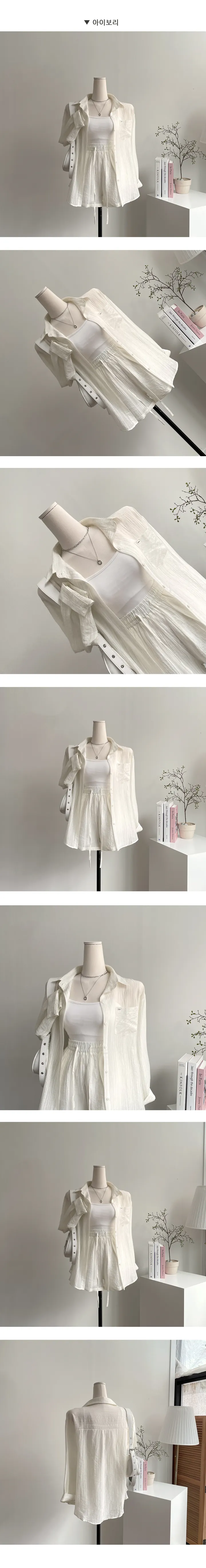 [2pc/세트가격!/페미닌/하이틴] 링클 오버핏 여름남방 셔츠 + 밴딩 반바지 투피스 셋업 (3color) 바캉스룩/휴양지룩/여행지룩 상세 이미지 7