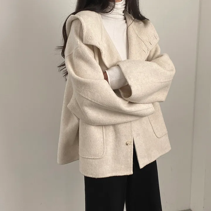 (껴입어도 넉넉한 사이즈) 오버핏 울 핸드메이드 후드 하프코트 상세 이미지 13
