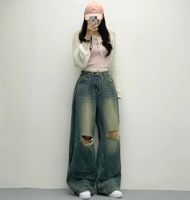 당일🚀[숏,롱/~XL/찐인생바지] 슬릿 찢청 폴딩 빈티지워싱 벌룬핏 옆핀턱 와이드팬츠 무릎트임 데님 청바지 기장선택 빅사이즈까지 오버핏팬츠 여름청바지 상세 이미지 19