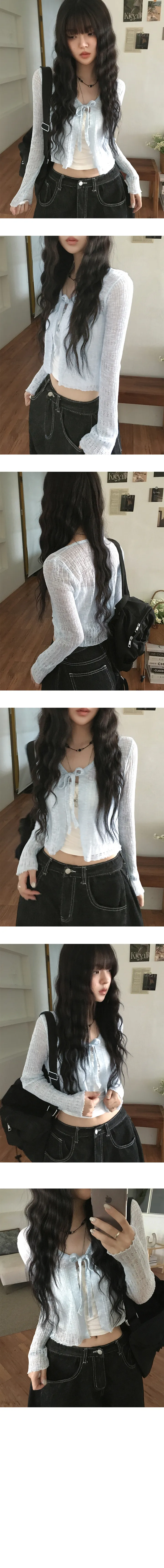 [여름까지/살안타템🖤] 루미 펀칭 시스루 여리 리본 레이스 레이어드 크롭 긴팔 가디건 4color 상세 이미지 6