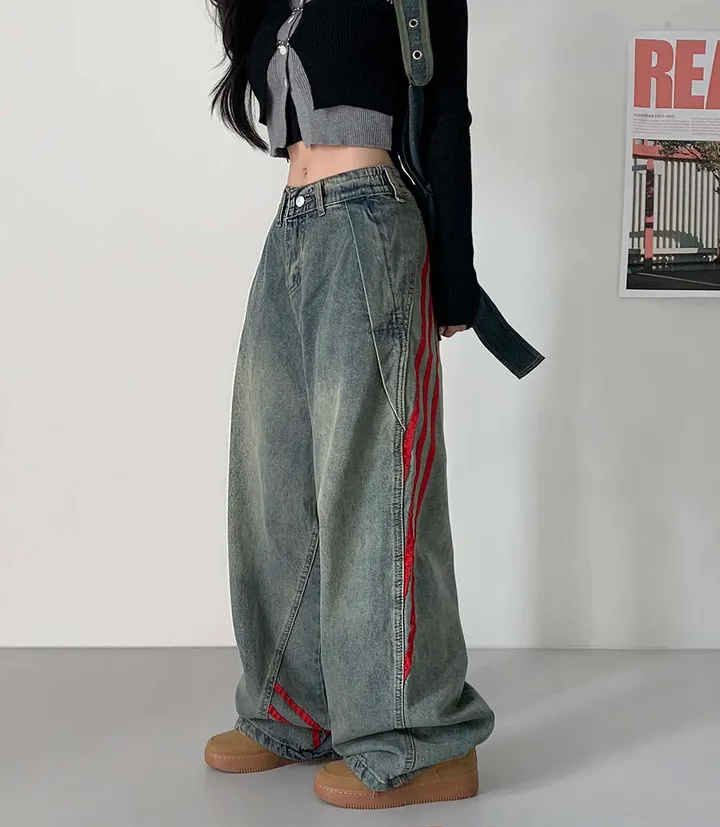 [ 가을신상 ! /  S, M, L   ]레드 라인 데님 트랙팬츠 청바지 * 뒷밴딩 ㅇ * [9OOD PANTS] 상세 이미지 4