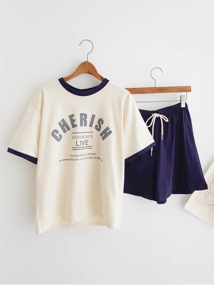 [데일리SET] 꾸안꾸 배색 포인트 레터링 프린트 반팔 티셔츠 밴딩 반바지 여름홈웨어 파자마세트 여름추리닝 트레이닝세트 여름휴가 바캉스룩 물놀이패션 휴양지룩 동남아여행룩 상세 이미지 6