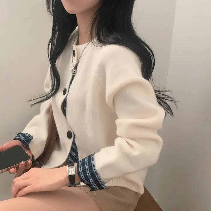 [저렴이X,원단달라요!/긱시크🤍] 버른 체크 레이어드 셔츠 배색 니트 가디건 - 5color 상세 이미지 22
