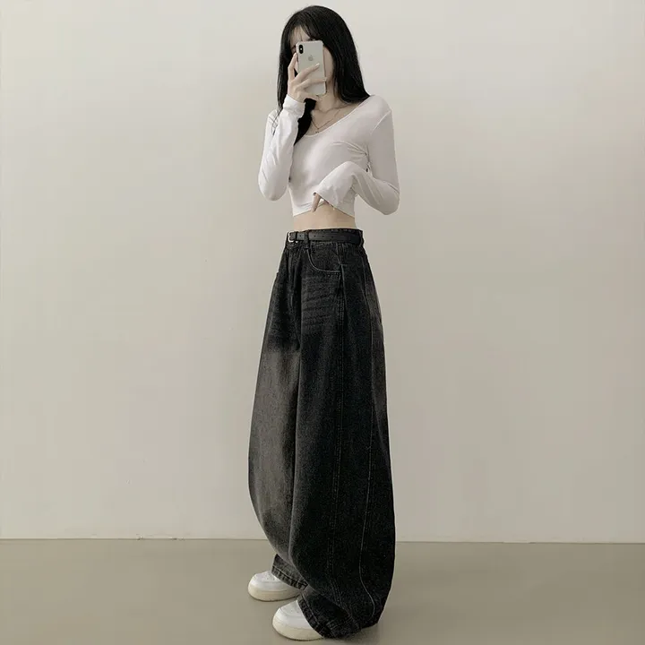 [색감깡패🖤] 사이드 핀턱 빈티지 워싱 하이웨스트 와이드 벌룬 데님팬츠 사계절 청바지 연청 진청 흑청 블랙 상세 이미지 19
