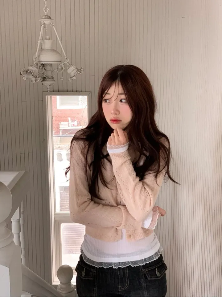 [벚꽃룩ෆ플라워펀칭]글로이 빈티지 러블리 여리핏 플라워 펀칭 버튼 물결 울니트 가디건 3color 상세 이미지 29