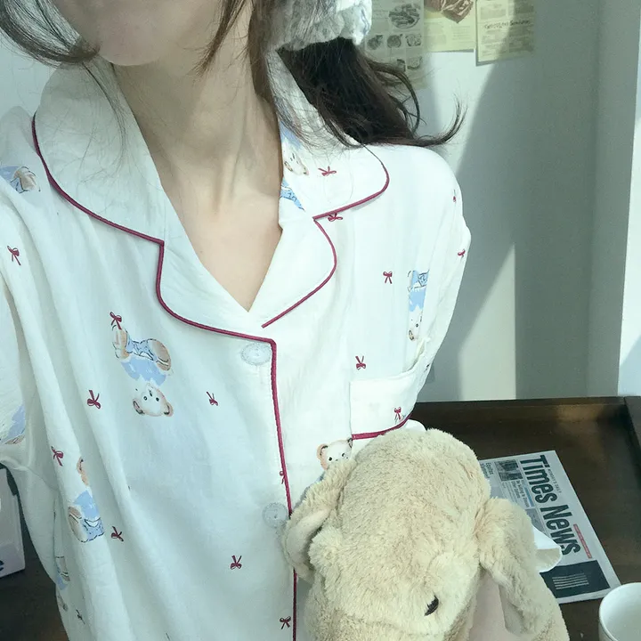 레드곰돌이 리본 긴팔 셔츠 봄 가을 겨울 파자마 잠옷 상하 세트 #B.Night #289 상세 이미지 8