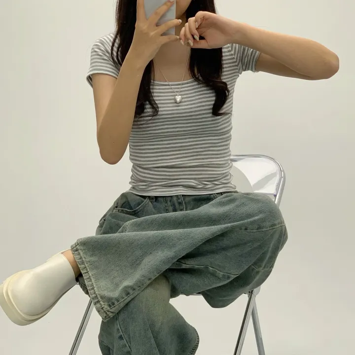 [슬림여리핏/핏보장] 제나 라운드 줄무늬 단가라 반소매티셔츠 여름반팔 기본티셔츠 (3Col) 상세 이미지 16