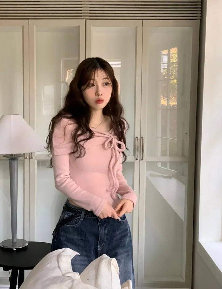 [흘러내림x/NO기모추가!/기모원단]샤비 리본 셔링 여리핏 오프숄더 물결 롱슬리브 니트 3color 상세 이미지 23