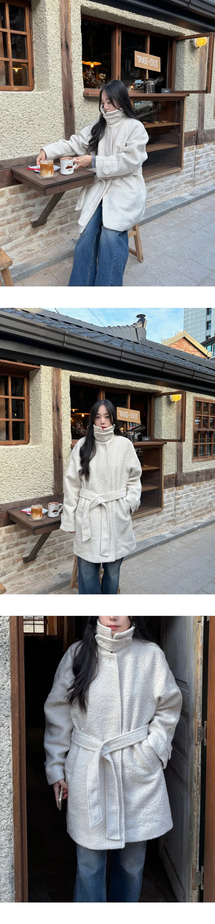 [2온스 누빔안감/울코트] 울 하이넥 뽀글이 스트랩 퍼 부클 하프 코트 상세 이미지 10