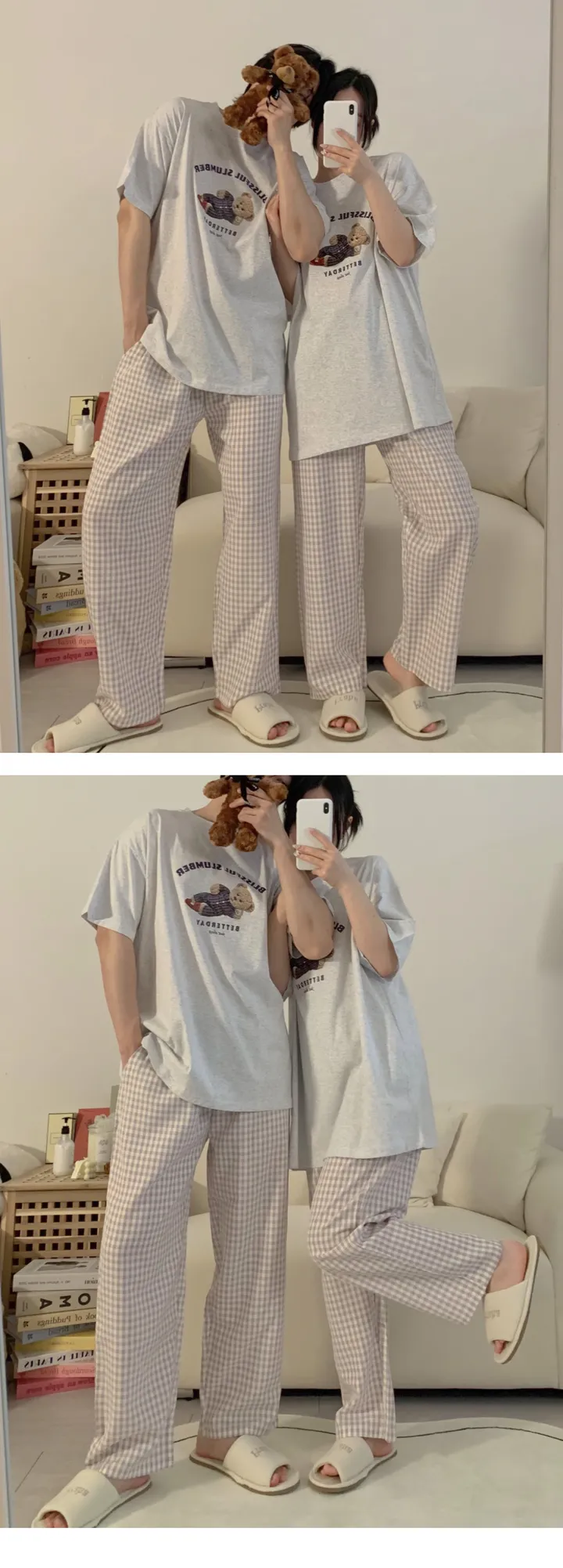 [자체제작]1+1할인 실크느낌 솝 체크 커플 잠옷바지 빅사이즈 파자마 파티 상세 이미지 34