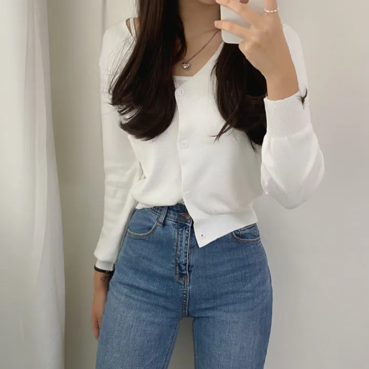 (데일리)소프트 기본 긴팔 니트 크롭 브이넥 가디건 5color 상세 이미지 4