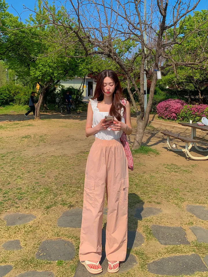 [묶음할인🎁간절기🤎롱&숏/진짜강추ㅠ] 아이스 바스락 나일론 썸머 카고 와이드 트레이닝 팬츠 하이웨스트 밴딩 봄 츄리닝 바지 냉장고 벚꽃룩 꽃놀이룩 개강여신 6COL 상세 이미지 49