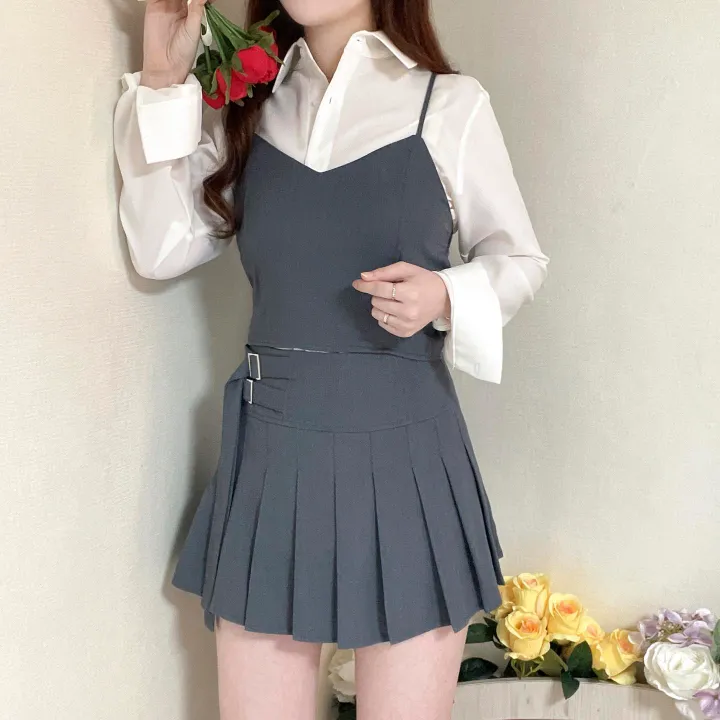 [SET가격] 크롭 뷔스티에 + 플리츠 더블 벨트 스커트 투피스 세트 3color 상세 이미지 13