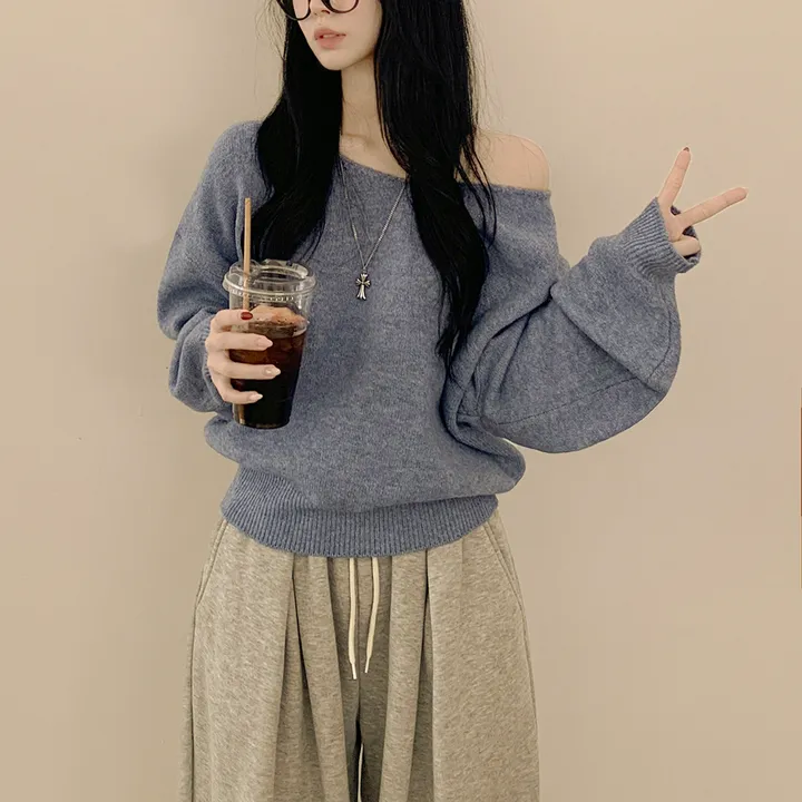 [청순힙✨폭닥] 흐르는 여리핏, 보트 브이넥 오버핏 원오프숄더 아방핏 긴팔니트 빅사이즈 상세 이미지 4
