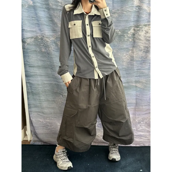 ★BEIGE 4/25 출고예정★[UNISEX]더블 포켓 커버 포인트 유니크 핀턱 카고 코튼 루즈 스트링 버뮤다 하프 팬츠(4color) 상세 이미지 5