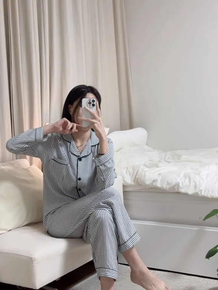 [💙긴팔잠옷set/심플💙]지지미면 잔스트라이프 3타입 컬러배색 잠옷세트 단가라 카라넥 시원한 봄여름가을 사계절 러블리 파자마파티 홈웨어세트 상세 이미지 61