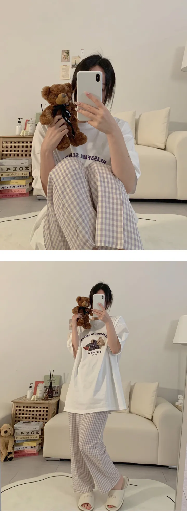 [자체제작]1+1할인 실크느낌 솝 체크 커플 잠옷바지 빅사이즈 파자마 파티 상세 이미지 29