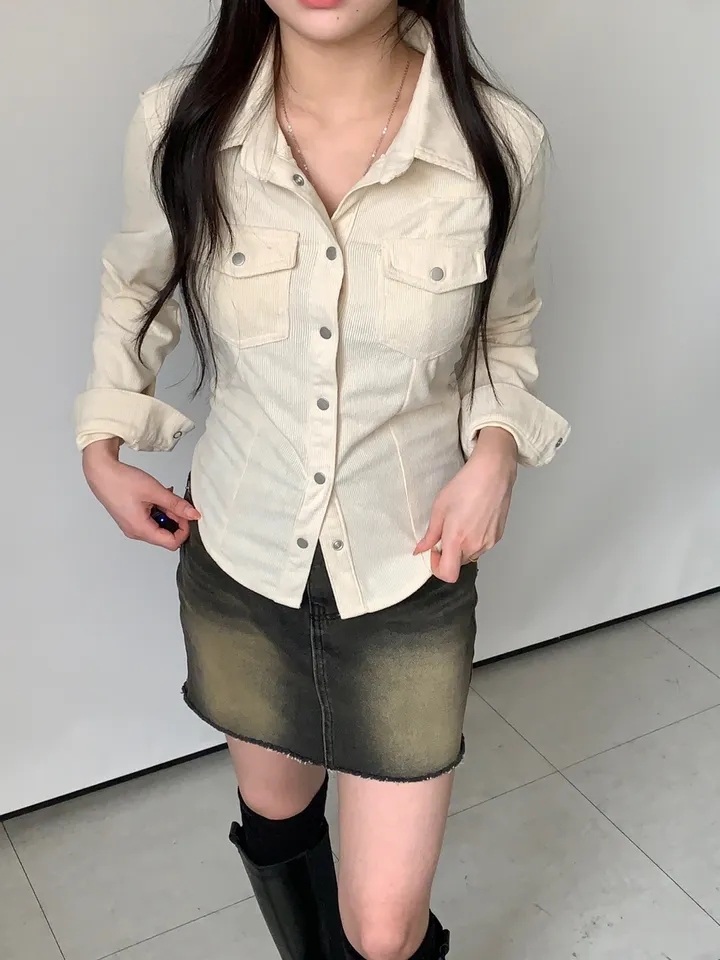 [주문폭주!]코듀로이 슬림 세미 크롭 버튼 셔츠 상세 이미지 10