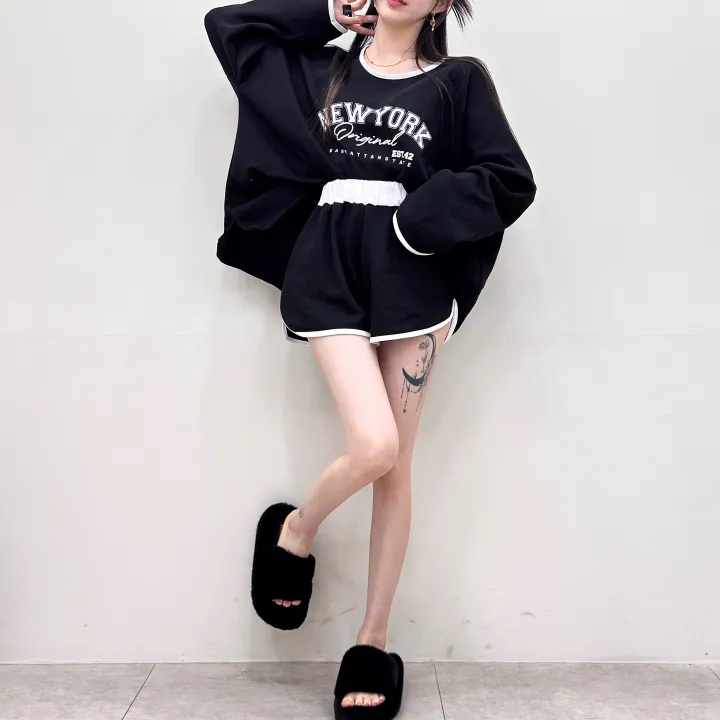 [여름까지/여리루즈핏] 밴티 나염 배색 라인 입술넥 오버핏 긴팔 티셔츠+밴딩 하이웨스트 돌핀 숏팬츠 투피스 트레이닝 세트 3color 상세 이미지 23