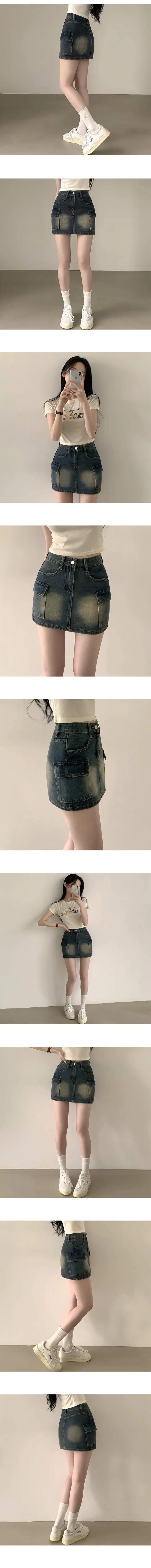 [워싱포인트!/핏예쁨] 트렌디무드, 하이웨스트 샌드 워싱 카고 포켓 데님 미니스커트 (3color) 상세 이미지 3