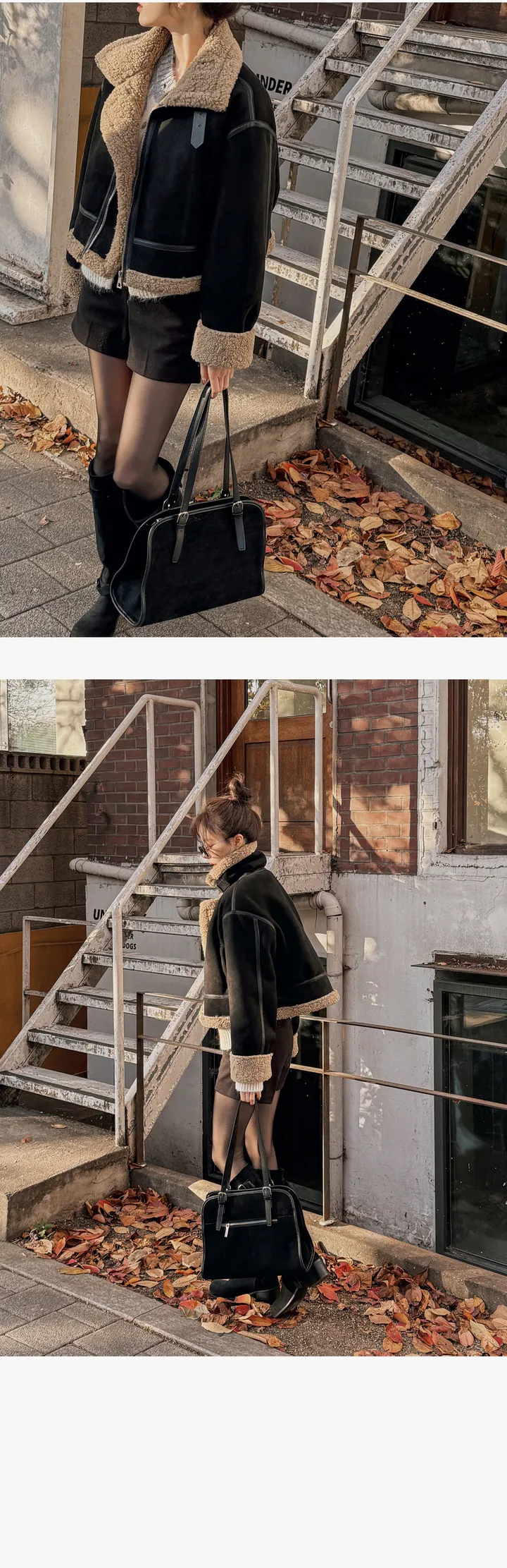 [겨울아우터❄️/무스탕🐻/스웨이드자켓] 치비타 하이넥 버클 지퍼 포켓 레더포인트 양털배색 스웨이드 크롭 무스탕 상세 이미지 15