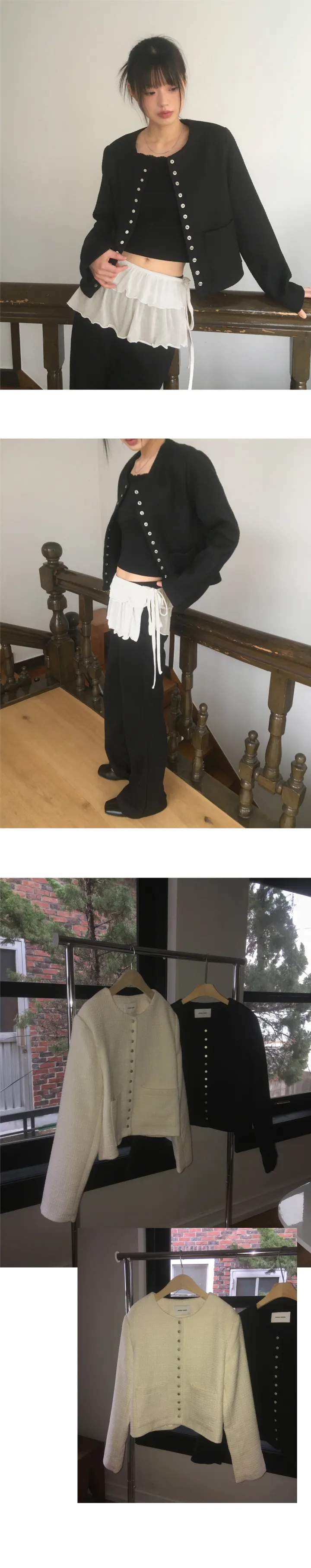 [봄.간절기🌸/포멀.캐주얼🖤/MADE] 라메 스냅 버튼 노카라 하객룩 트위드 자켓 상세 이미지 11