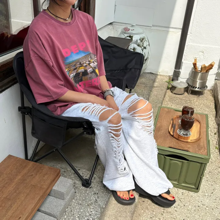 [허리~63까지 MD 추천🤩] 데미지 디트로이드 제니팬츠 / 유니크 스트릿 댄스복 페스티벌 체육대회 빅사이즈바지 세미 부츠컷 조거팬츠 봄바지 여름바지 댄스복 하비언니 와이드팬츠 상세 이미지 45