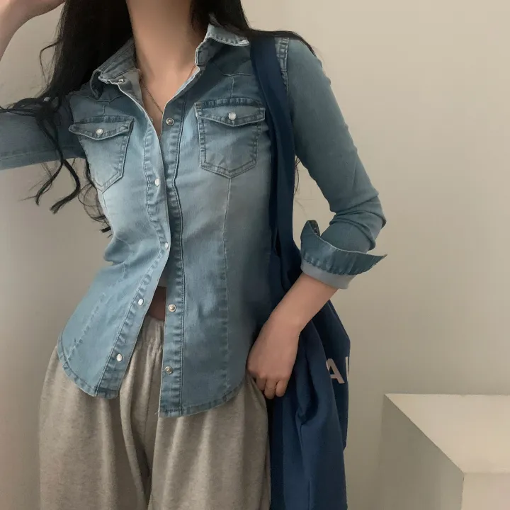 [S,M,L] 데님라인 슬림 워싱 똑딱이 데님 청자켓/셔츠남방 - 3color 상세 이미지 16