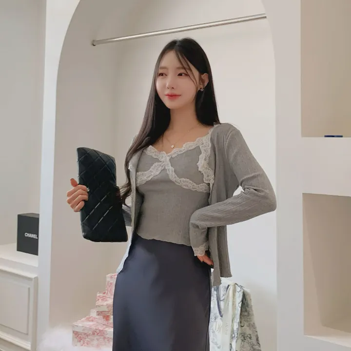 [부분 당일배송🤍나시가디건set/벚꽃룩🌸] 슈디 레이스 끈나시 + 레이스 긴팔 골지 가디건 세트 데일리룩 데이트룩 벚꽃룩 발레코어 여리여리 여리핏 레이스가디건 레이스나시 상세 이미지 30