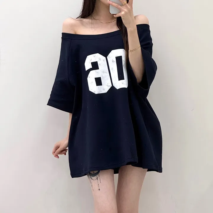 [왕루즈핏/핏대박템] 넘버식스 오버핏 입술넥 언발 오프숄더 반팔 박시 티셔츠+밴딩 하이웨스트 3부 숏팬츠 반바지 트레이닝 세트 투피스 셋업 4color 상세 이미지 23