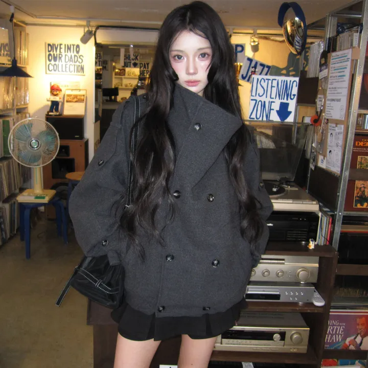 MOMU High-Neck Double-Breasted Oversized Quilted Wool Coat (4 Colors)
