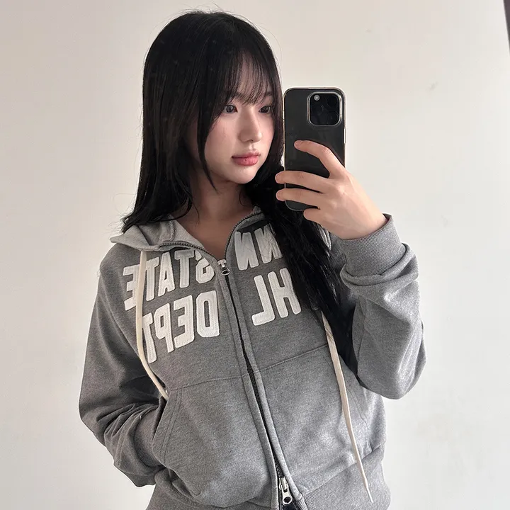 [허리잘록] 스테이트 자수 패치 배색 후드 집업 - 4color 상세 이미지 22