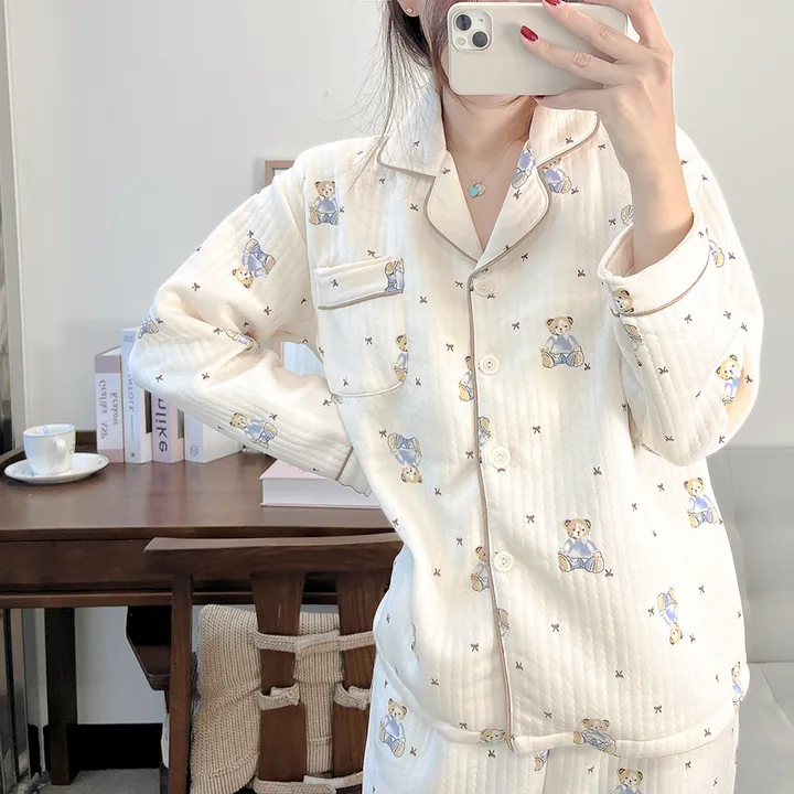 [New레이스 누빔] 귀여워 베이비 곰돌이 누빔 베이지 아이보리 테디베어 포켓 셔츠 겨울 긴팔 파자마 잠옷 세트 #B.Night #3049 상세 이미지 12