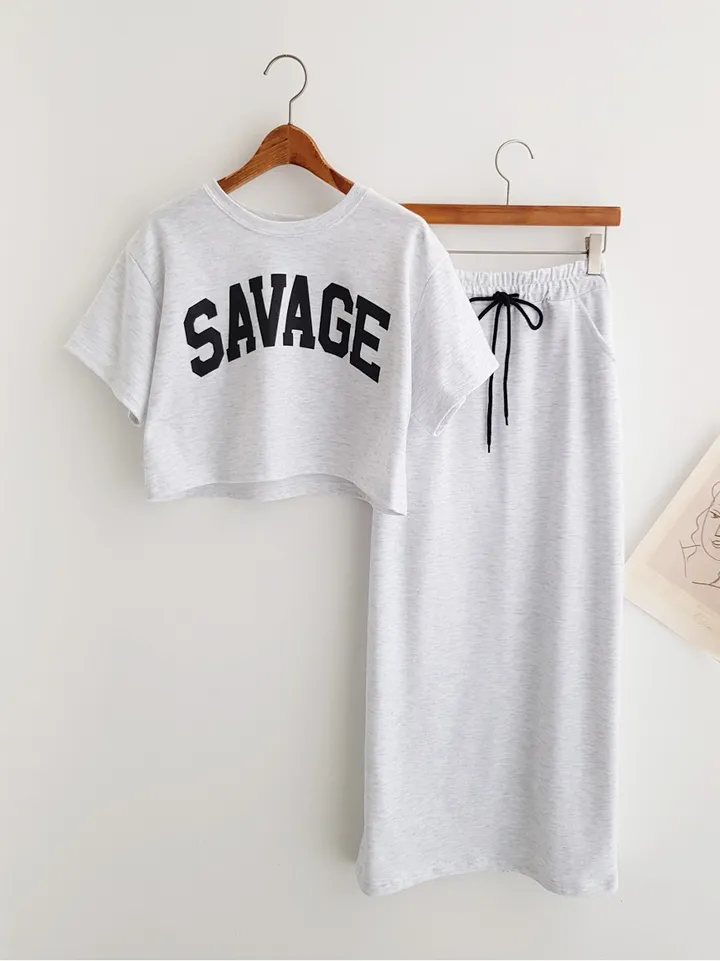 [세트가격!] SAVAGE 레터링 프린트 크롭티셔츠 크롭반팔티 밴딩 롱스커트 뒤트임 롱치마 투피스세트 치마세트 스커트세트 여름세트 꾸안꾸 이지웨어세트 상세 이미지 8