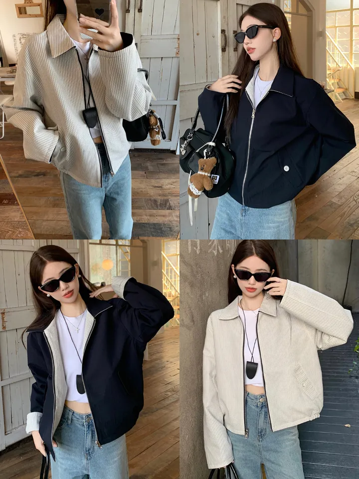 [봄신상💗/휘뚜루템]마브 리버시블 스트라이프 카라넥 집업 점퍼 자켓 상세 이미지 1