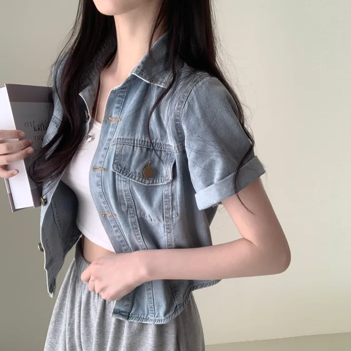 여름자켓종결🖤[데일리템!] 라이킷 라이드 투포켓 크롭 반팔 데님 셔츠 남방 청자켓 긴팔버전 추가 간절기 데님 아우터 상세 이미지 10