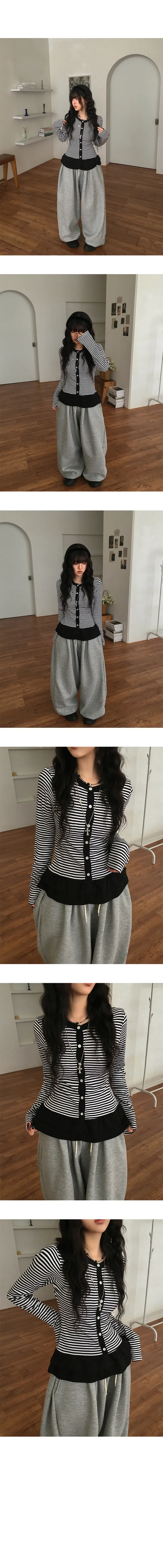[넉넉슬림핏보장🖤] 토프 레이어드 단가라 셔링 스트라이프 프릴 긴팔 가디건 티셔츠 3color 상세 이미지 5