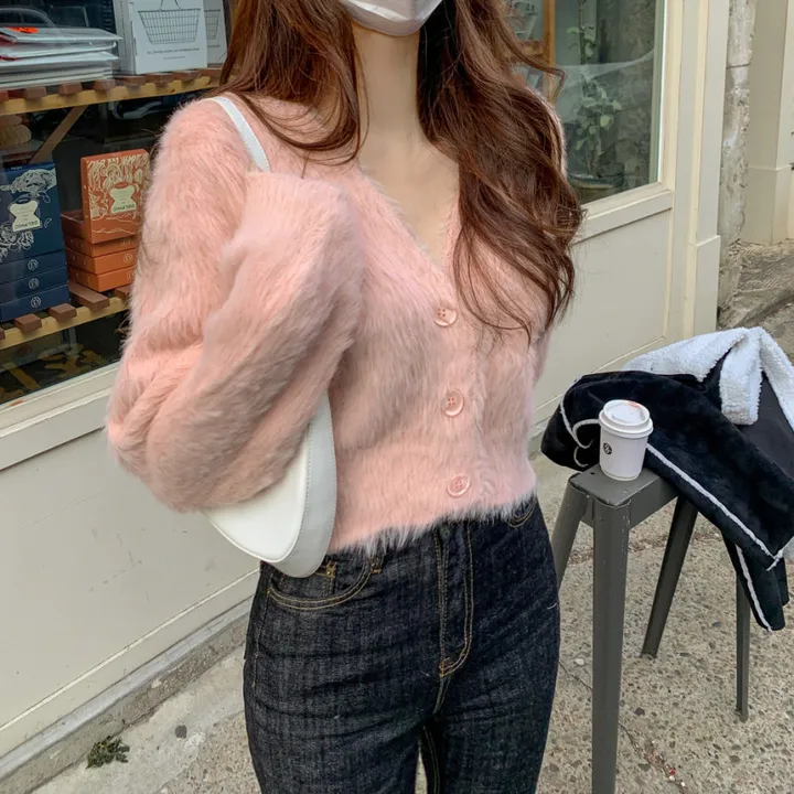 [심쿵핏/털빠짐X] 따뜻 도톰 파스텔 루즈핏 앙고라 모헤어 크롭 브이넥 벌룬 소매 깃털 퍼 니트 가디건 상세 이미지 10