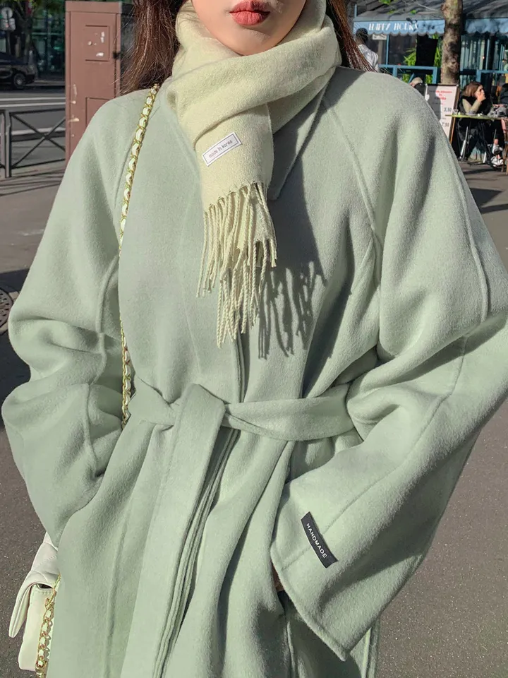 [메리노울100%🤎handmade] 백화점퀄 wool 핸드메이드 롱 울 코트 카라 로브 모직 루즈핏 벨트 싱글 히든버튼 트임 겨울 아우터 네이비 베이지 민트 3col 상세 이미지 64