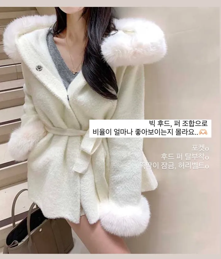 *멜크특가!/최저가도전* 폭스퍼 밍크 후드 앙고라 벨트 코트 상세 이미지 1