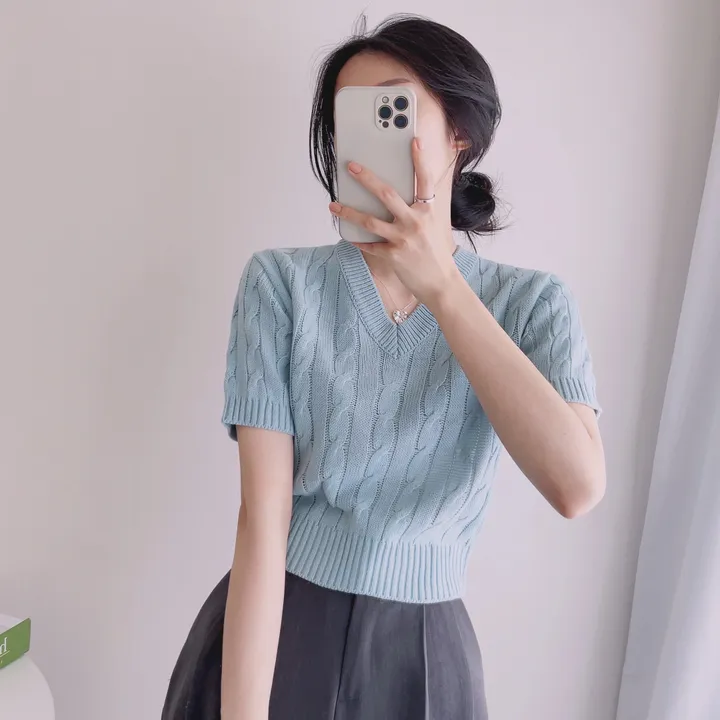 (6color/최저가 보장!) 실물보장! 색감에 반한, 마카롱 꽈배기 브이넥 크롭 반팔 니트 상세 이미지 3