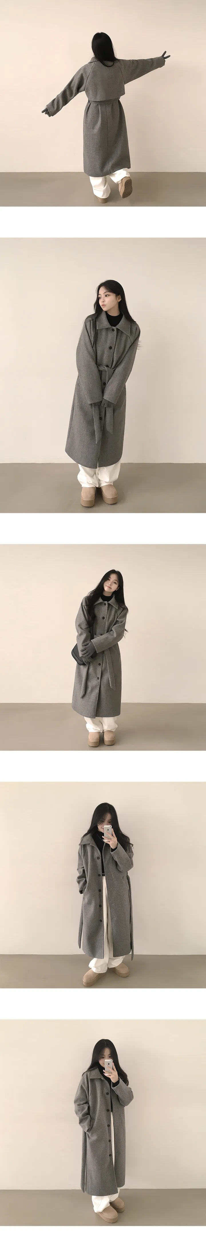 [백화점퀄리티🩶/부해보임없는~] 깔끔한 아웃핏으로 자주 손이 가는, 싱글 카라 나그랑 허리 스트랩 루즈핏 모직 롱코트 (4color) 상세 이미지 3