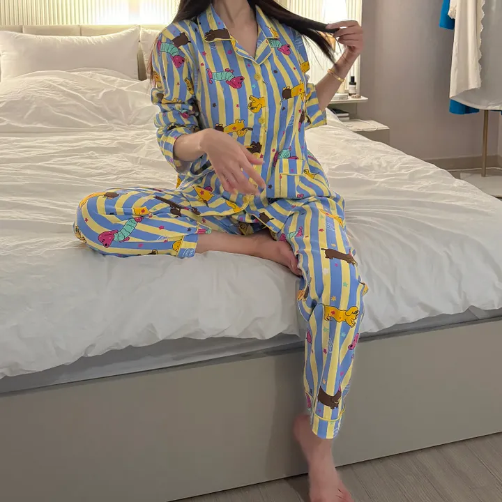 비비드 도그 프린팅 긴팔 긴바지 투피스 세트 잠옷 홈웨어 파자마 상세 이미지 8