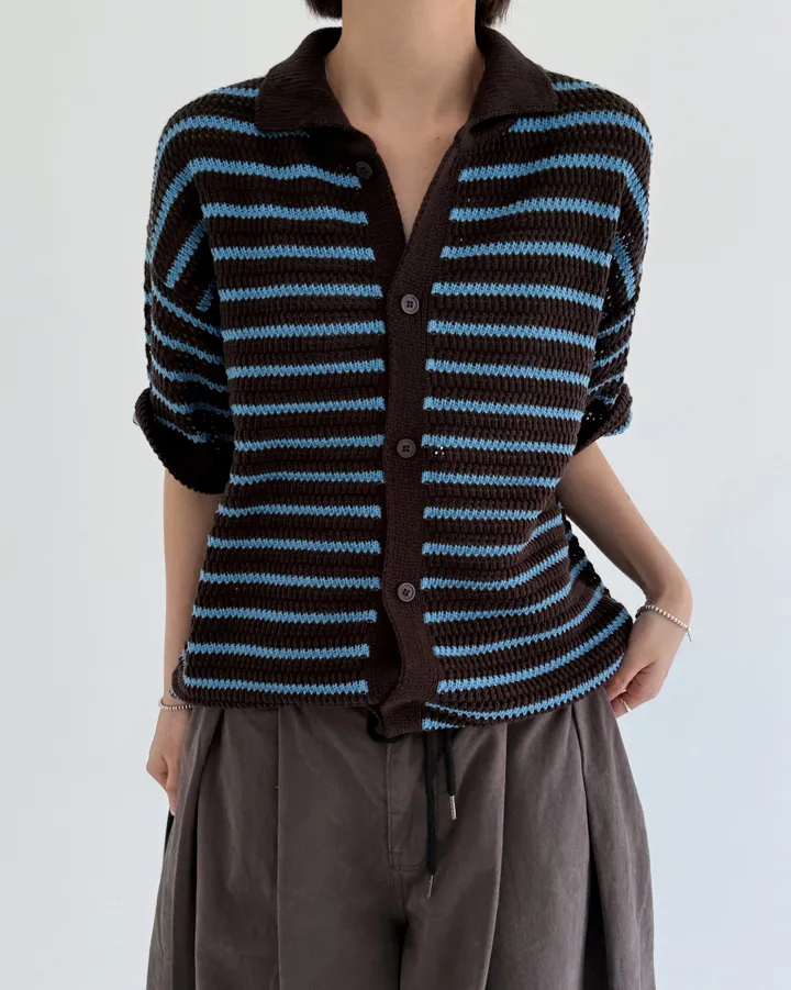 [온트추천] (UNISEX) 모리 스트라이프 카라 반팔 가디건 상세 이미지 25