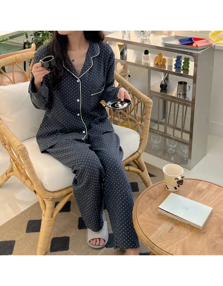 [2 size] [면 잠옷] 네이비 도트 땡땡이 잠옷 홈웨어 파자마 상세 이미지 2