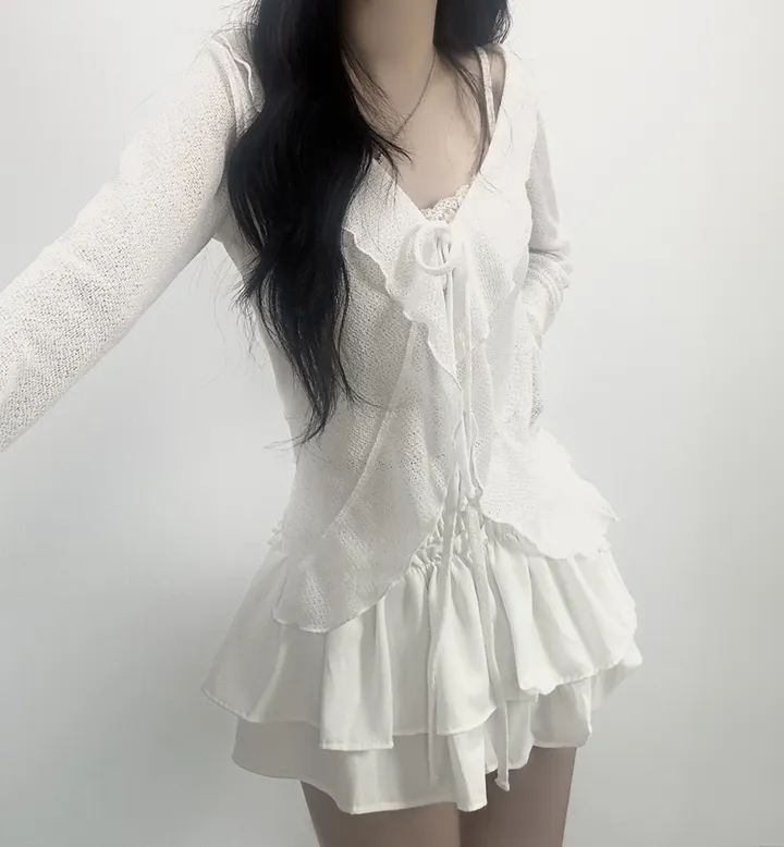ruffle ribbon lace cardigan 러플 리본 레이스 가디건 (봄가디건, 러블리, 프릴, 니트가디건, 슬림핏, 여리여리) 상세 이미지 11