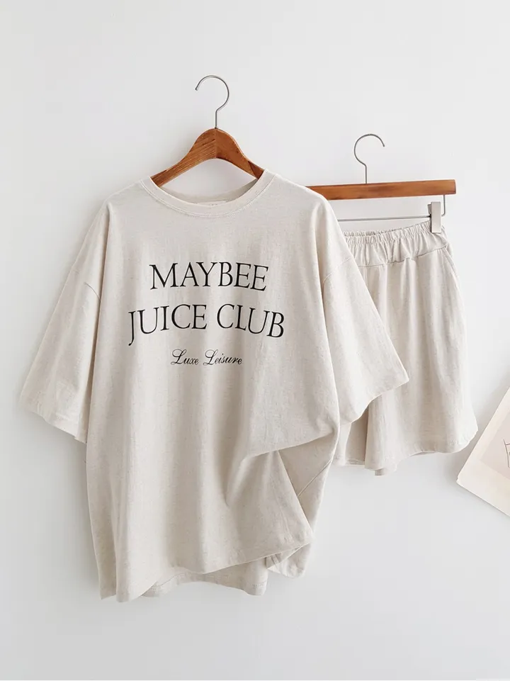 [세트가격!] Maybee 레터링 프린트 오버핏티셔츠 반팔 티셔츠 밴딩 반바지 홈웨어세트 여름파자마 트레이닝복 츄리닝세트 주말룩 여름휴가 바캉스룩 이지웨어세트 상세 이미지 2